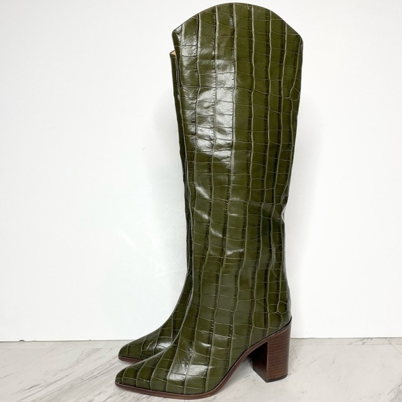 Schutz Maryana Green Crocodile Embossed Tall Block Heel Boot 5B - Picture 1 of 16